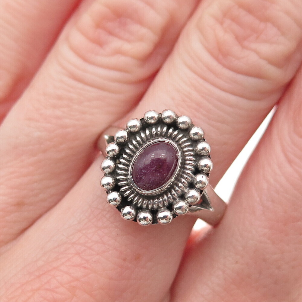 925 Sterling Silver Vintage Real Ruby Beaded Oxidized Ring Size 7.75